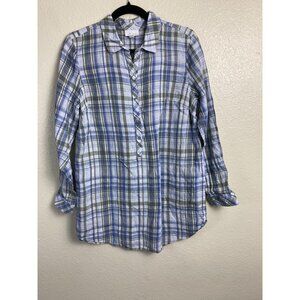 J.Jill Love Linen Plaid Popover Long Sleeve Shirt Dress Blue Gray Women sz Small